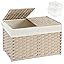 SETVSON Storage Basket with Lid Rattan Woven Storage Baskets with 2 Separate Lids, 17.2 Gallon (65 L), 22 x 13 x 13.8 Inches,Foldable, 2 Removable Liner Bags Handles for Bedroom, Laundry Room Natural